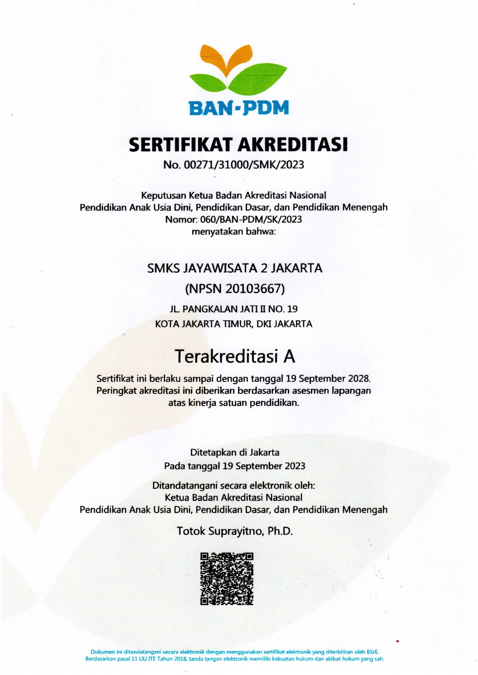 Sertifikat Akreditasi A Unggul SMK Jayawisata 2